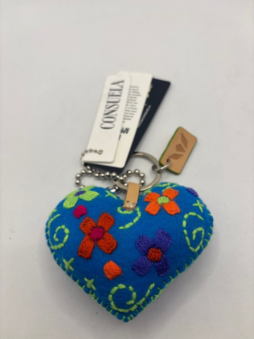 Consuela Corazon Grande Blue Charm hand-embroidered bag charm keychain Boho NWT